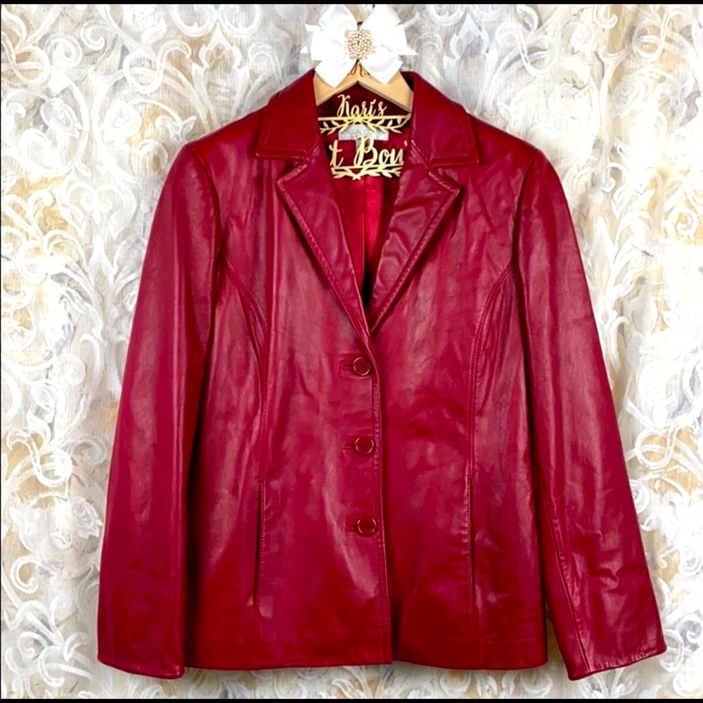 Casual Corner Red Leather Button Up Jacket Medium